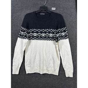 VTG Saks Fifth Avenue Wool Sweater Mens Size M Black Ivory Fair Isle Pullover